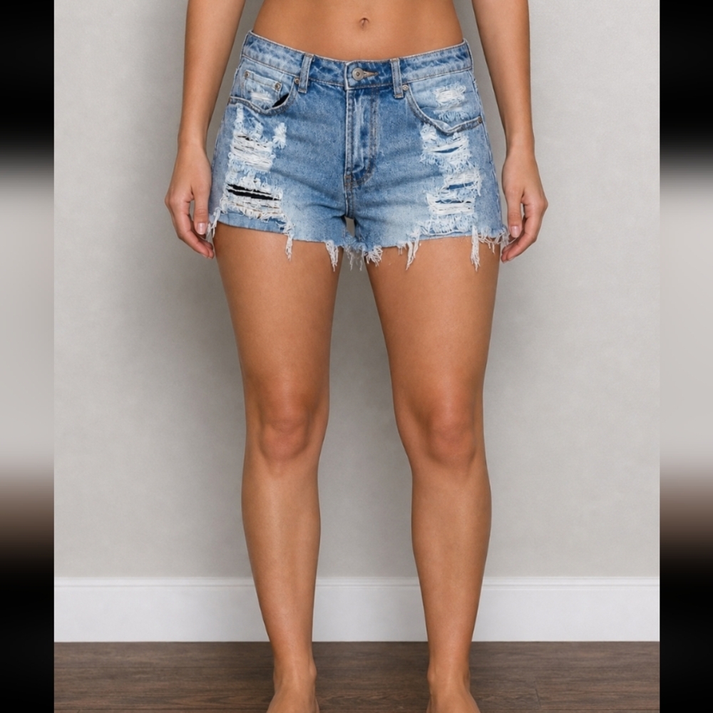 ALMOST FAMOUS Distressed Shreded Blue Jean Denim Shorts 7